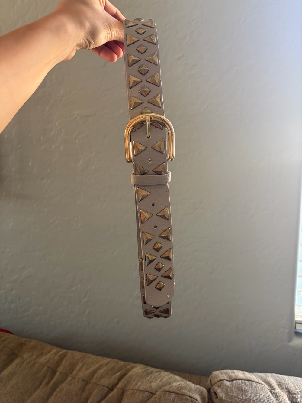 Taupe Studded Leather Belt with Gold Buckle